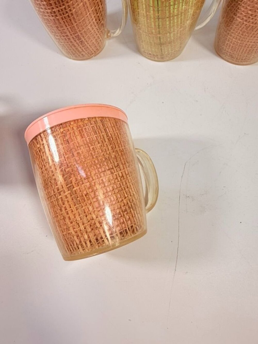 Coffee Mugs Raffiaware Thermal Insulated Melmac Burlap 3.5” Pastels MCM Set of 5 - Picture 7 of 13